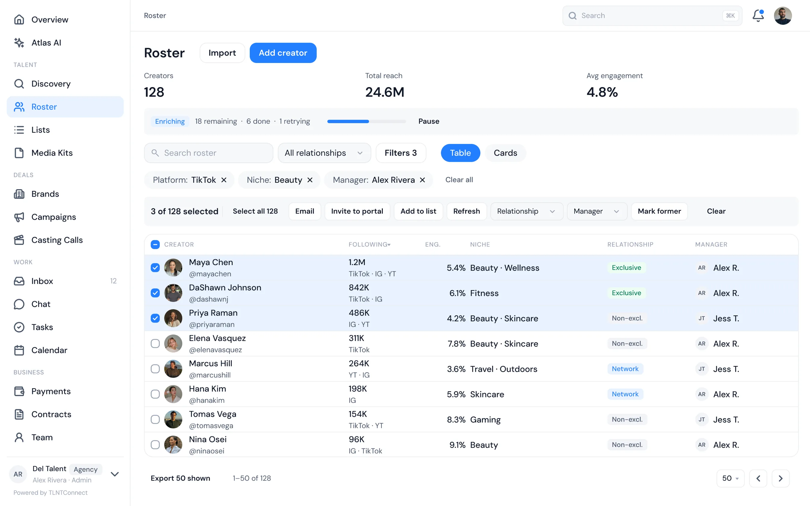 The TLNT Connect roster: 128 creators with their live platform numbers and current deals